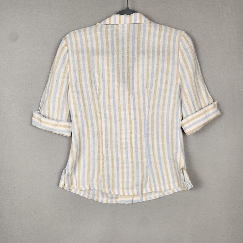 Linda Lundstrom Shirt Womens 6 Beige Blue Striped Linen Button‎ Up Made Canada - Picture 2 of 10